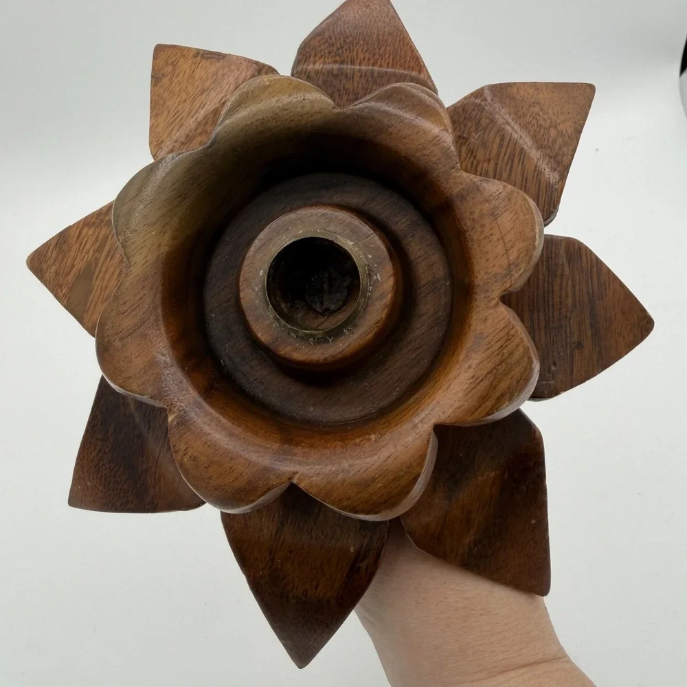 Vintage Hand Carved Wooden Lotus Flower‎ Candle Holder Philippine Handicrafts